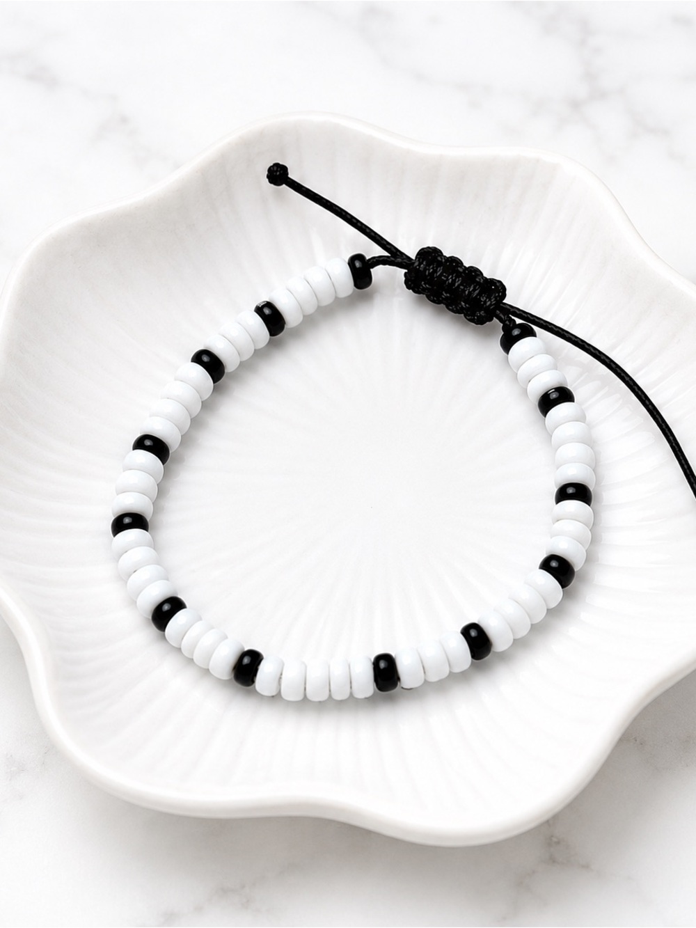 Minimalist Black & White Beaded Adjustable Bracelet / Anklet